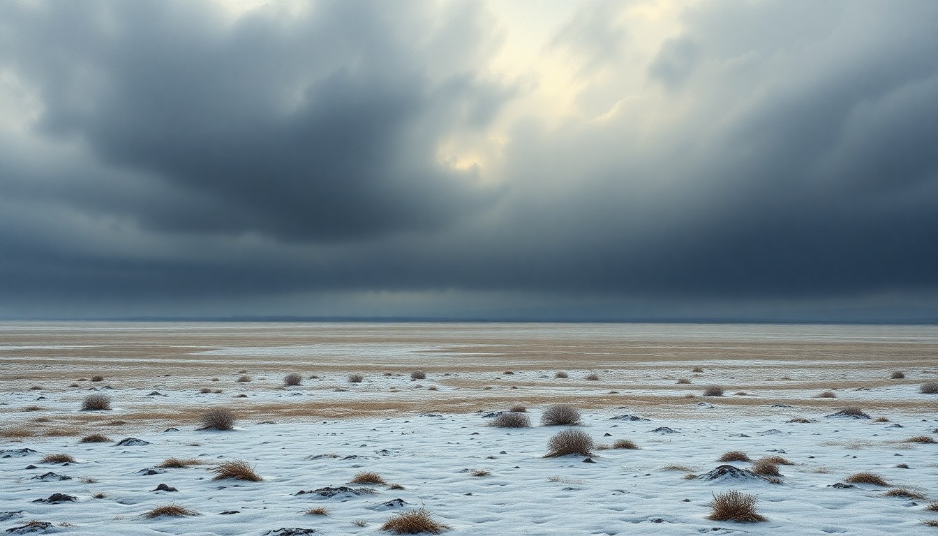 A sweeping, atmospheric landscape painting in muted tones of gray and blue, depicting a frozen, desolate field under a heavy, overcast sky, conveying the melancholy and overwhelming power of nature.