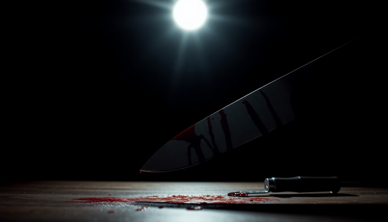 An extreme close-up photograph of a bloodied kitchen knife against a pitch-black background, creating a stark, gritty, investigative aesthetic that conceptually represents the violence and tragedy of this domestic dispute case.