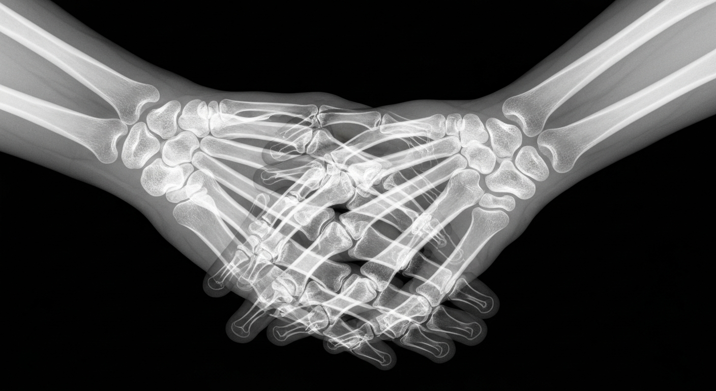 An extreme close-up X-ray image revealing the intricate bone and muscle structures of two hands clasped together, conveying the intimate and comforting nature of physical touch.