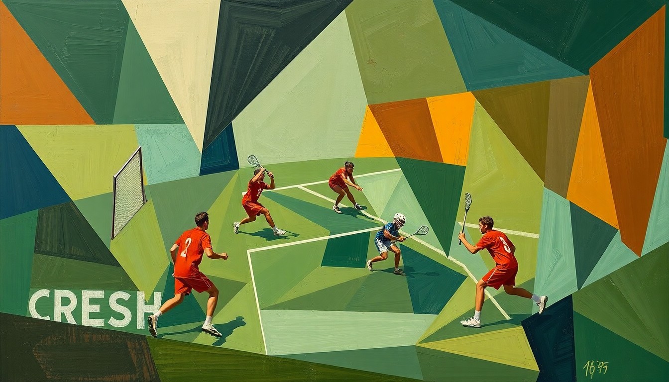 A cubist-style painting depicting a lacrosse game broken down into overlapping geometric shapes and planes in earthy green, blue, and orange tones, conceptually representing the sport's Indigenous origins.