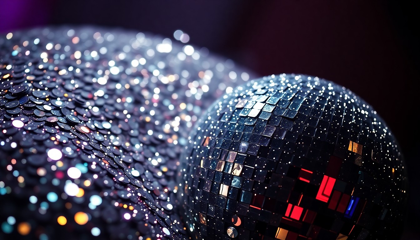 An abstract close-up photograph featuring a shimmering, glittering texture of sequins and disco ball fragments, capturing the glamour and energy of a music festival through dramatic lighting and high-contrast composition.