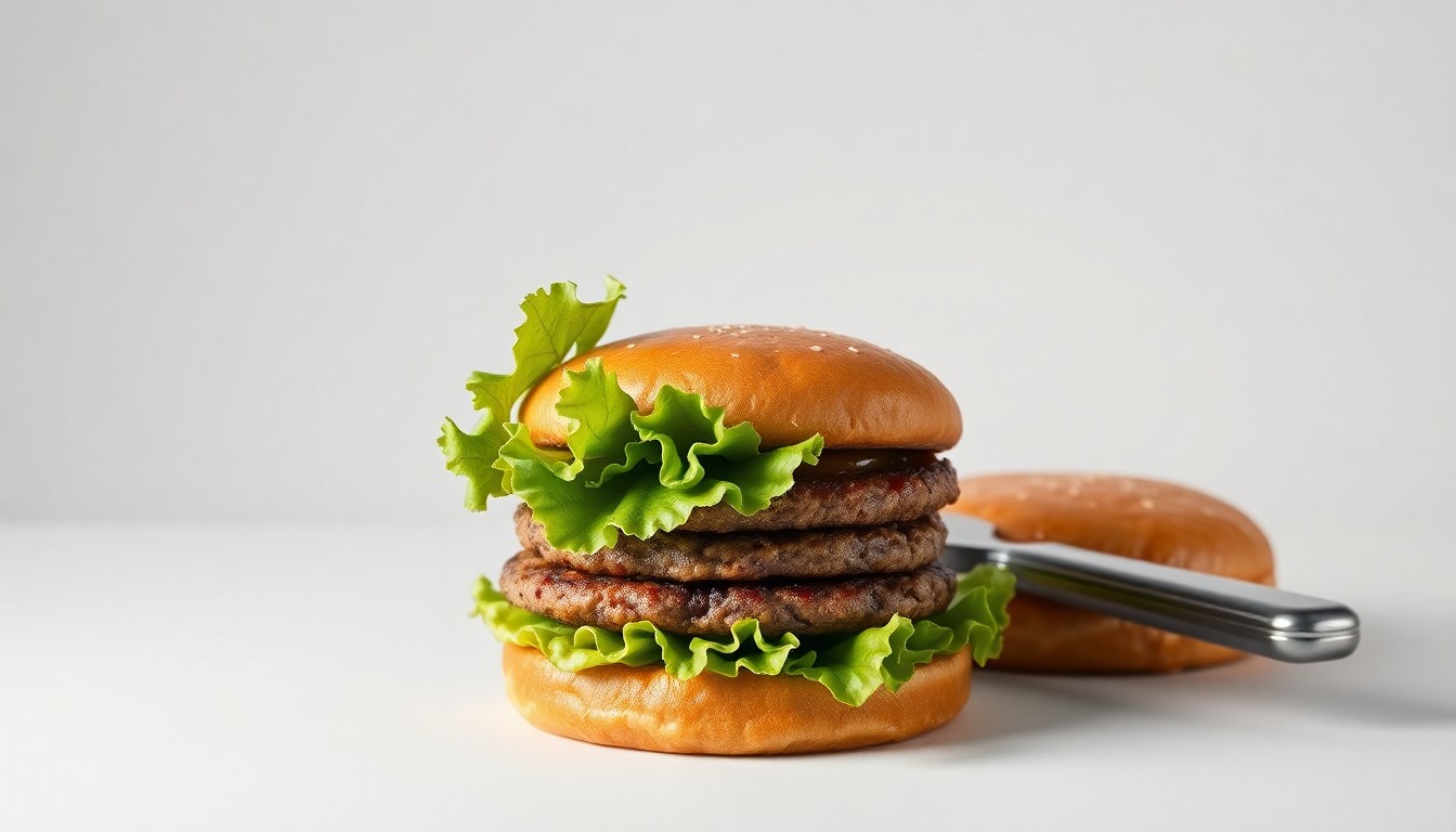 A high-end, photorealistic studio still-life featuring a stack of fresh, juicy In-N-Out burger patties, a crisp lettuce leaf, and a gleaming stainless steel spatula on a clean, monochromatic background, symbolizing the craftsmanship and attention to detail that defines the brand.