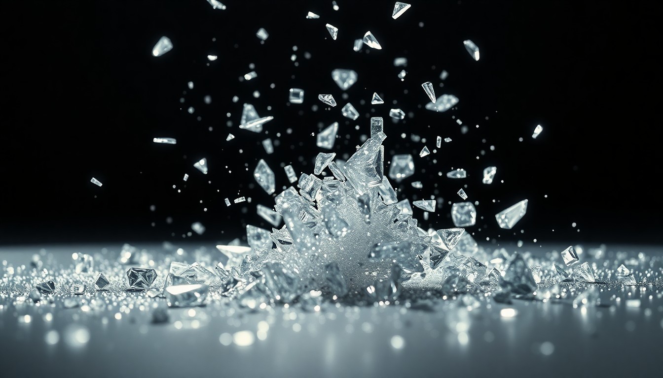 An extreme close-up of shattered diamond shards and glittering glass fragments, captured in dramatic, high-contrast studio lighting to create a glamorous, high-fashion aesthetic that conceptually represents the high-stakes heist at the center of the Crime 101 film.