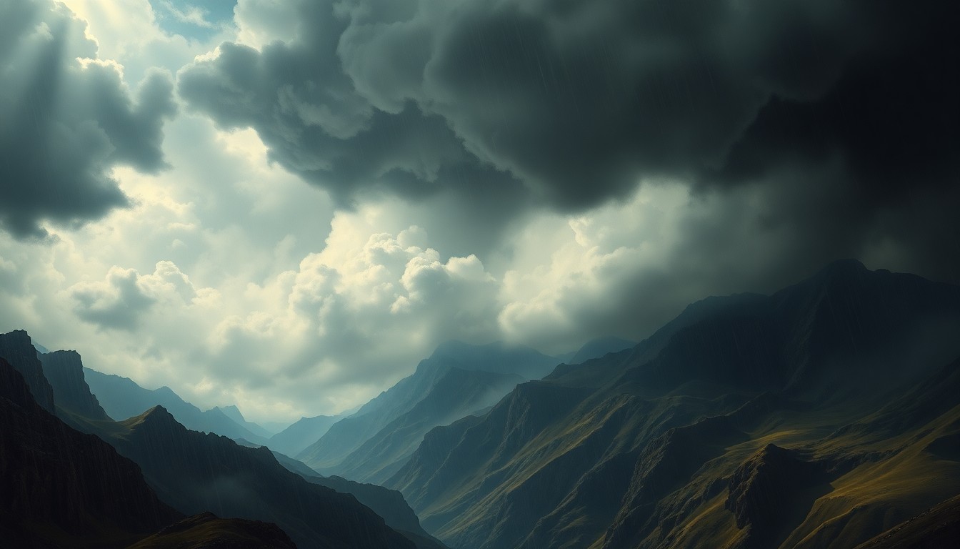 A sweeping, atmospheric landscape painting in muted tones of gray, blue, and green, depicting a dramatic, stormy sky with heavy clouds and rain over a rugged, mountainous terrain, conveying the overwhelming power and scale of the natural world.
