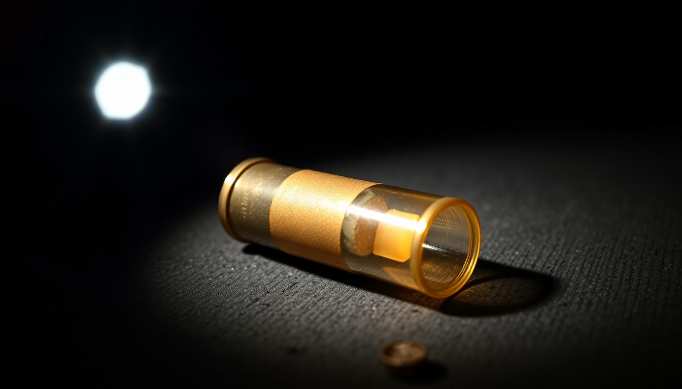 An extreme close-up photograph of a spent shell casing on a dark, textured surface, lit by a harsh, direct camera flash, conceptually illustrating the violence of the shooting incident.