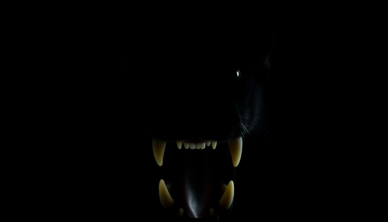 An extreme close-up photograph of a wolf's mouth with its teeth slightly bared, lit by a harsh, direct camera flash against a pitch-black background, creating a stark, gritty, investigative aesthetic.