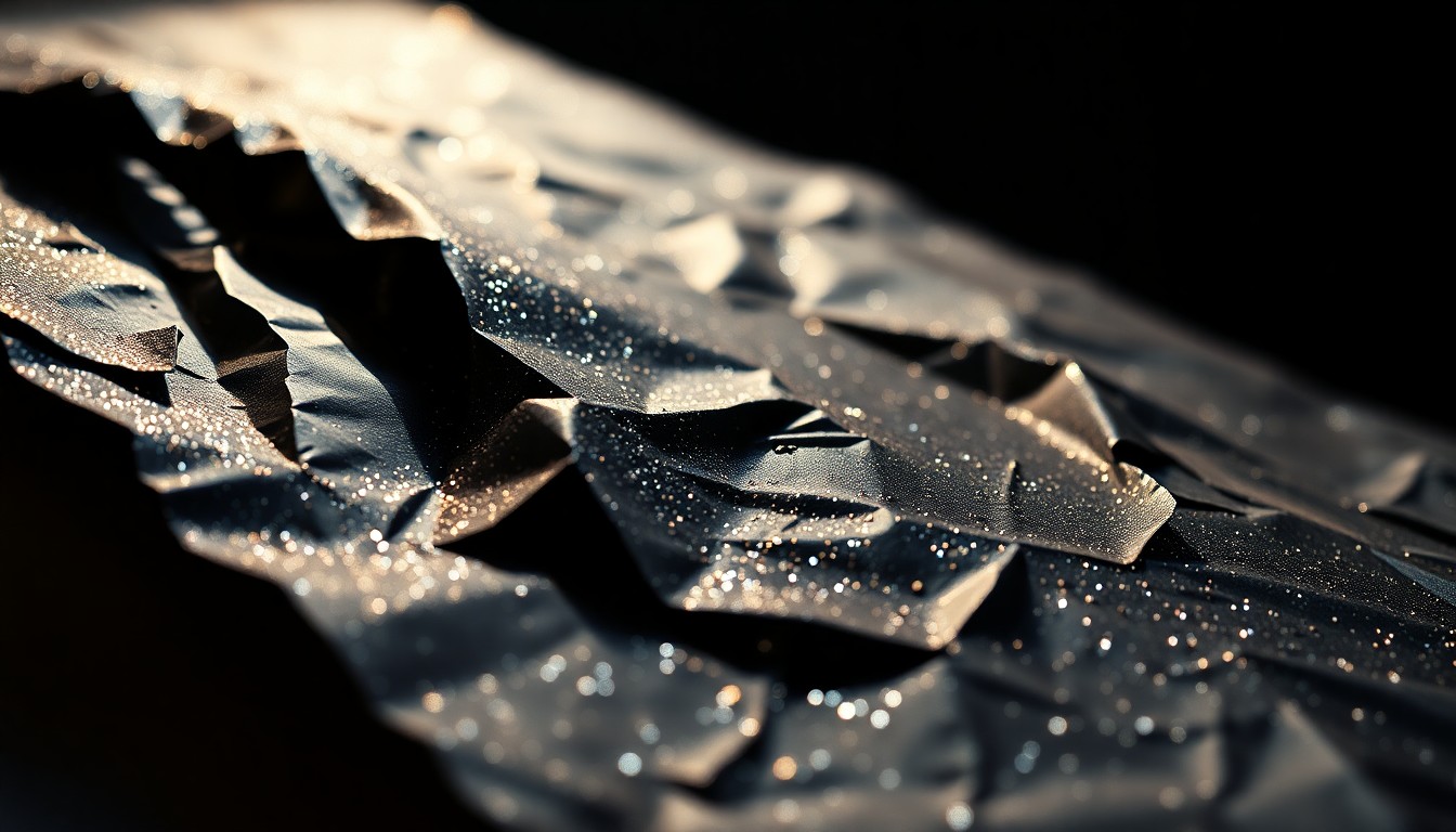 An extreme close-up photograph of crumpled, glittering comic book pages in high-contrast studio lighting, capturing the luxurious, high-fashion aesthetic of the entertainment industry.