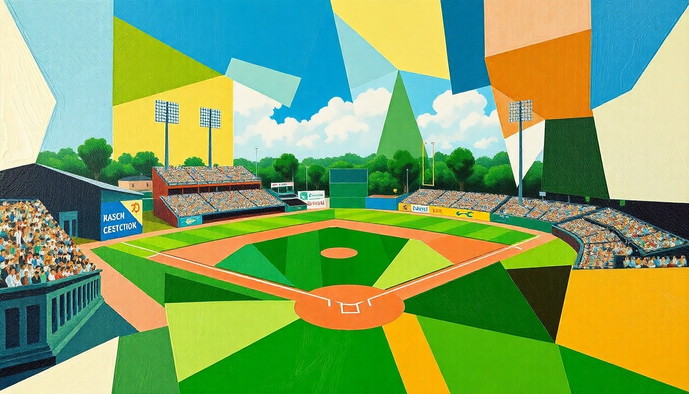 A cubist-style painting featuring sharp, overlapping geometric shapes in shades of green, blue, and brown, conceptually representing the dynamic action and energy of a high school baseball game.