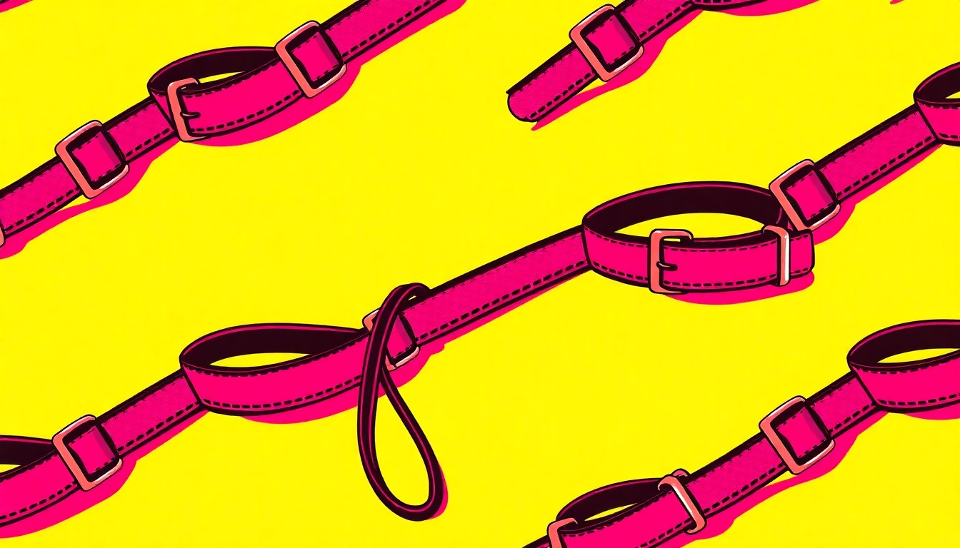 A vibrant, high-contrast silkscreen print featuring a repeating pattern of a dog collar and leash in neon pink, yellow, and blue hues, conceptually representing the accessibility and importance of pet wellness services in the community.