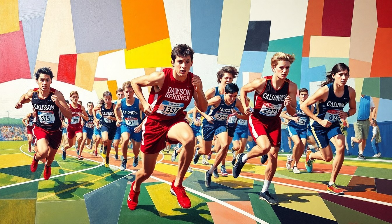 A cubist, geometric painting depicting the dynamic movements and energy of a high school track and field competition, with vibrant colors representing the teams involved.