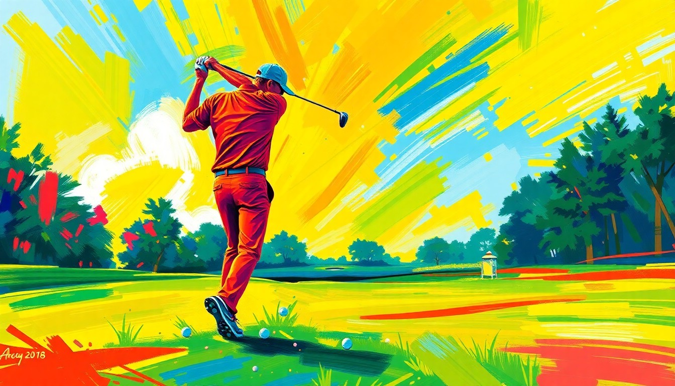 An abstract, expressionist painting featuring bold, neon-colored brushstrokes that convey the energy and intensity of a golfer's swing on the fairway of a prestigious golf course.