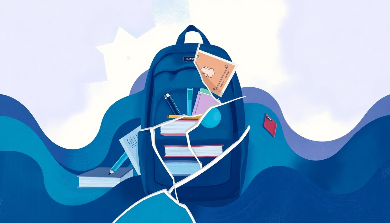 A fragmented, abstract painting in shades of blue, teal, and lavender depicting school supplies like a backpack and textbooks, conceptually representing the disruption and uncertainty facing transgender students due to this policy change.