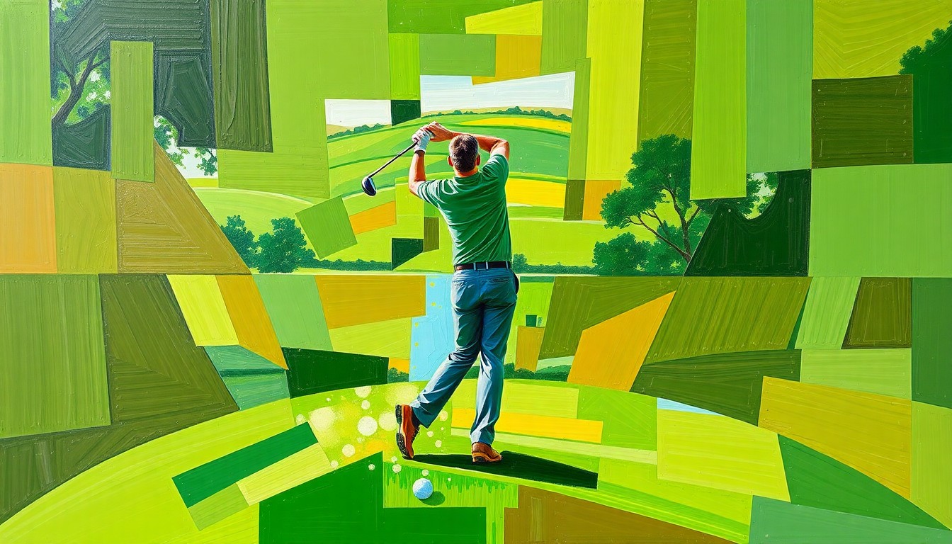 A fragmented, cubist-style painting depicting a golfer's swing or a golf course, with sharp, angular shapes in shades of green, brown, and blue, conveying the conceptual idea of a name-based controversy surrounding a major sporting event.