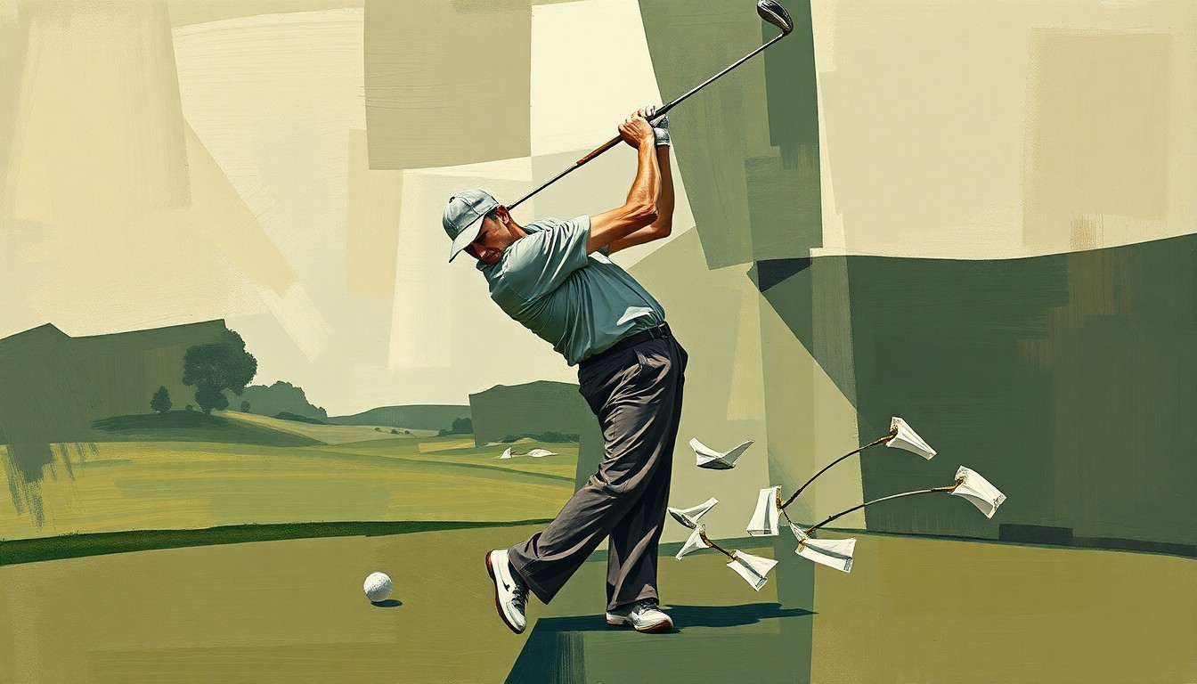 A fractured, multi-perspective painting depicting a golfer's swing broken down into sharp, overlapping geometric planes in muted earth tones, conceptually representing the challenges of navigating between professional golf tours.