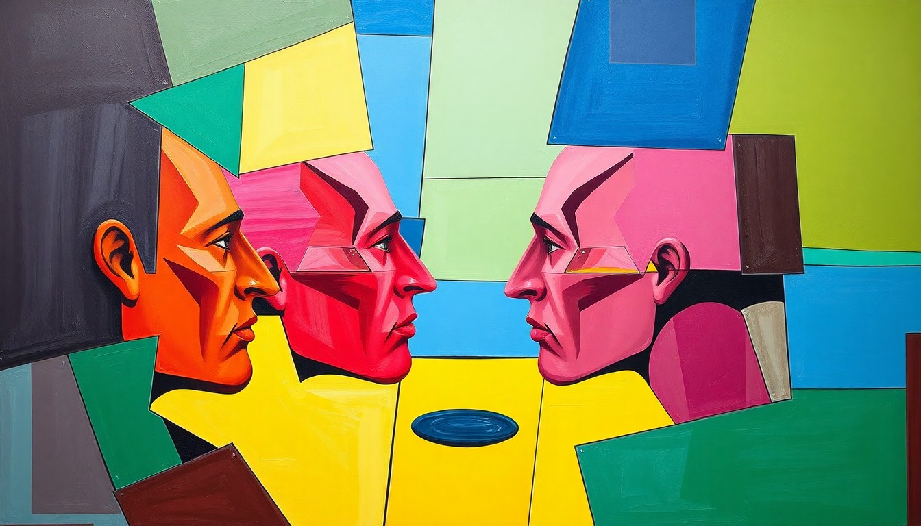 A cubist-style painting featuring overlapping geometric shapes and planes in bright primary colors, conceptually representing the heated debate over transgender policies in competitive sports.