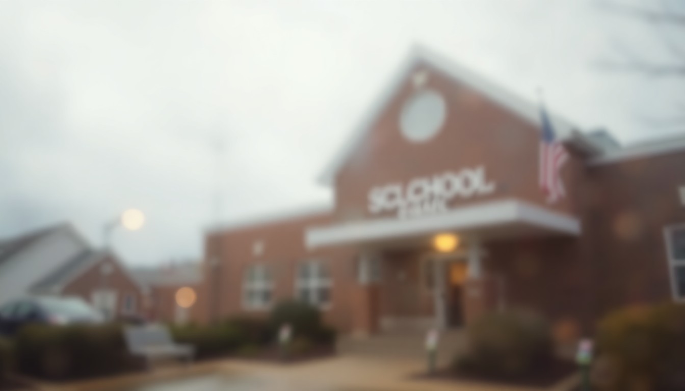 An abstract, impressionistic scene of soft, blurred light and color, conveying the warm, welcoming atmosphere of a small-town school community.