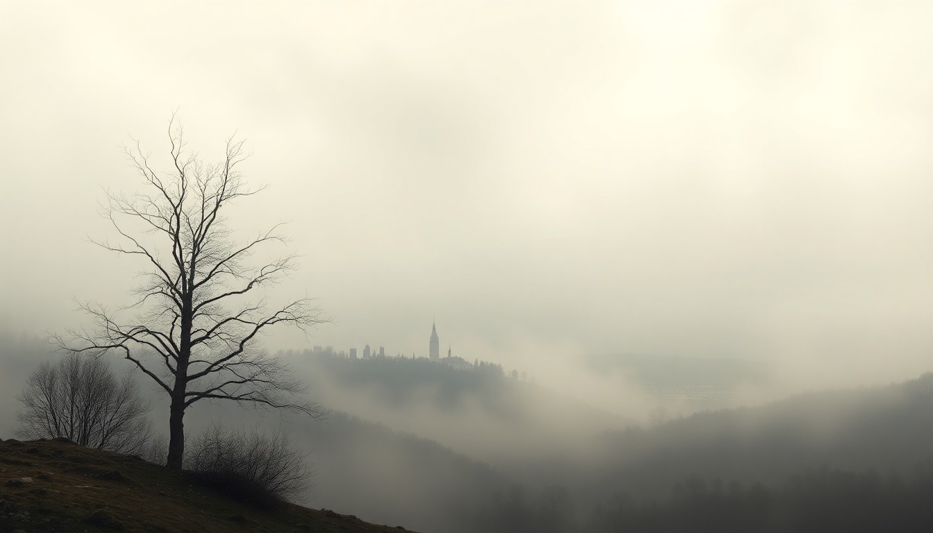 A vast, atmospheric landscape painting in muted tones of gray, blue, and green, with a lone bare tree in the foreground and the distant outline of a city skyline barely visible through the heavy fog, conveying a sense of the overwhelming power of nature.