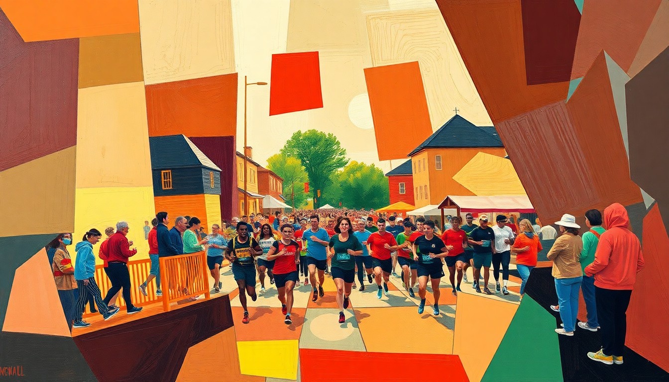 A cubist, geometric painting in warm earth tones, deep reds, and vibrant greens, capturing the energy and spirit of a community running event through fragmented, overlapping planes and shapes.