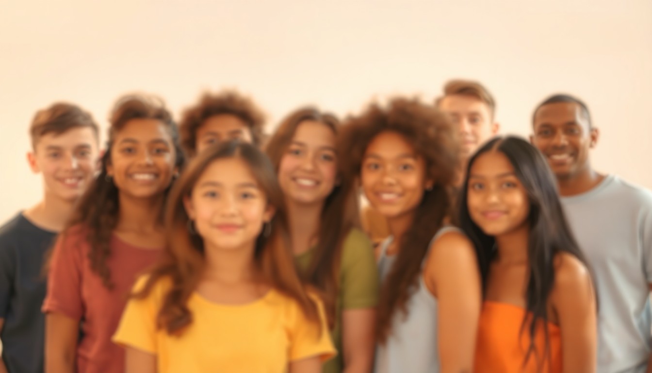 An abstract, out-of-focus photograph in soft, warm tones depicting a group of young people gathered together, their forms blurred into indistinct shapes, conveying a sense of community and exploration of identity.