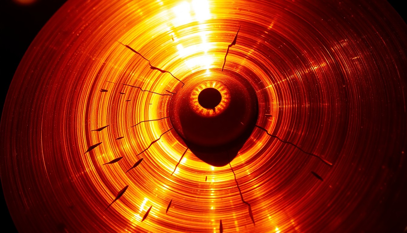 An extreme close-up photograph of a shattered cymbal reflecting warm, golden stage lighting, capturing the vibrant energy and legacy of Clem Burke's drumming for the band Blondie.