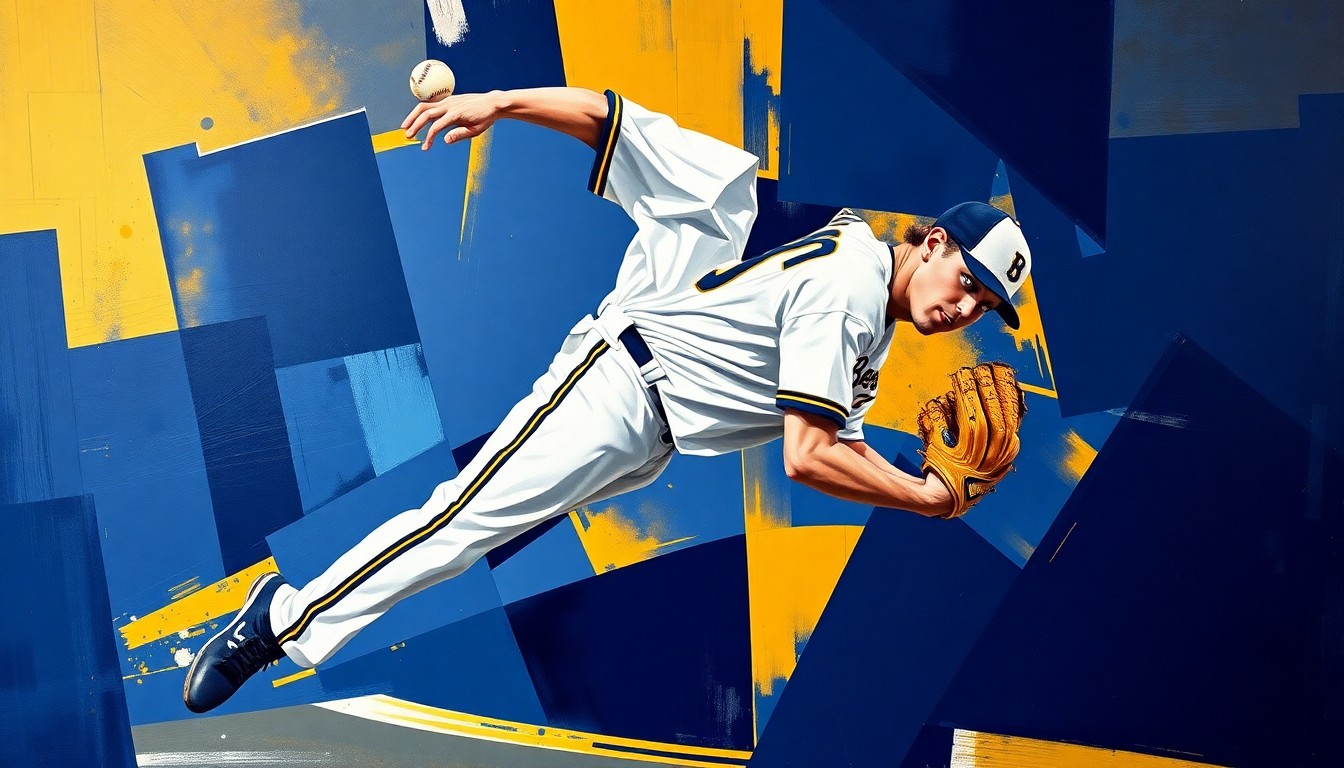A cubist, geometric painting depicting a baseball pitcher's motion broken down into overlapping planes of navy blue, gold, and white, conveying the impact of Jared Koenig's injury on the Brewers' pitching staff.