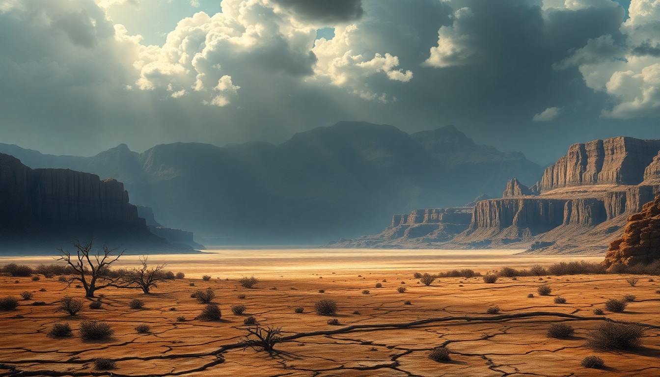 A vast, majestic landscape painting in muted earth tones, with a parched, cracked ground and withered vegetation dwarfed by the overwhelming power of the elements, conceptually representing the drought conditions that have increased the wildfire risk in the region.