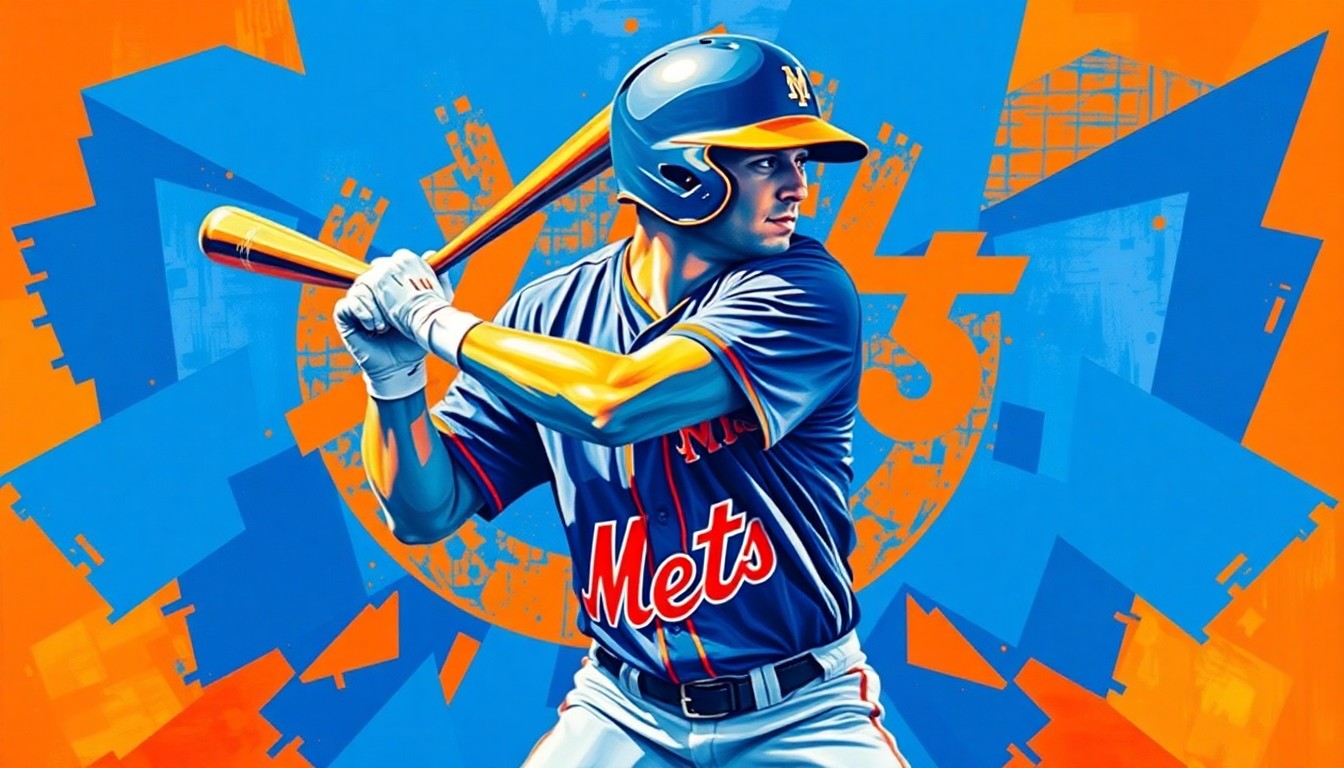 A fragmented, geometric painting in bright blues and oranges depicting the overlapping planes and angles of a baseball player's batting stance and swing, conveying the motion and power of the sport.