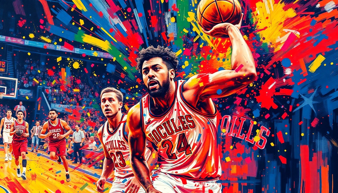 An abstract, energetic painting in neon colors depicting the frenetic action of a college basketball game, with players' forms dissolving into vibrant brushstrokes.