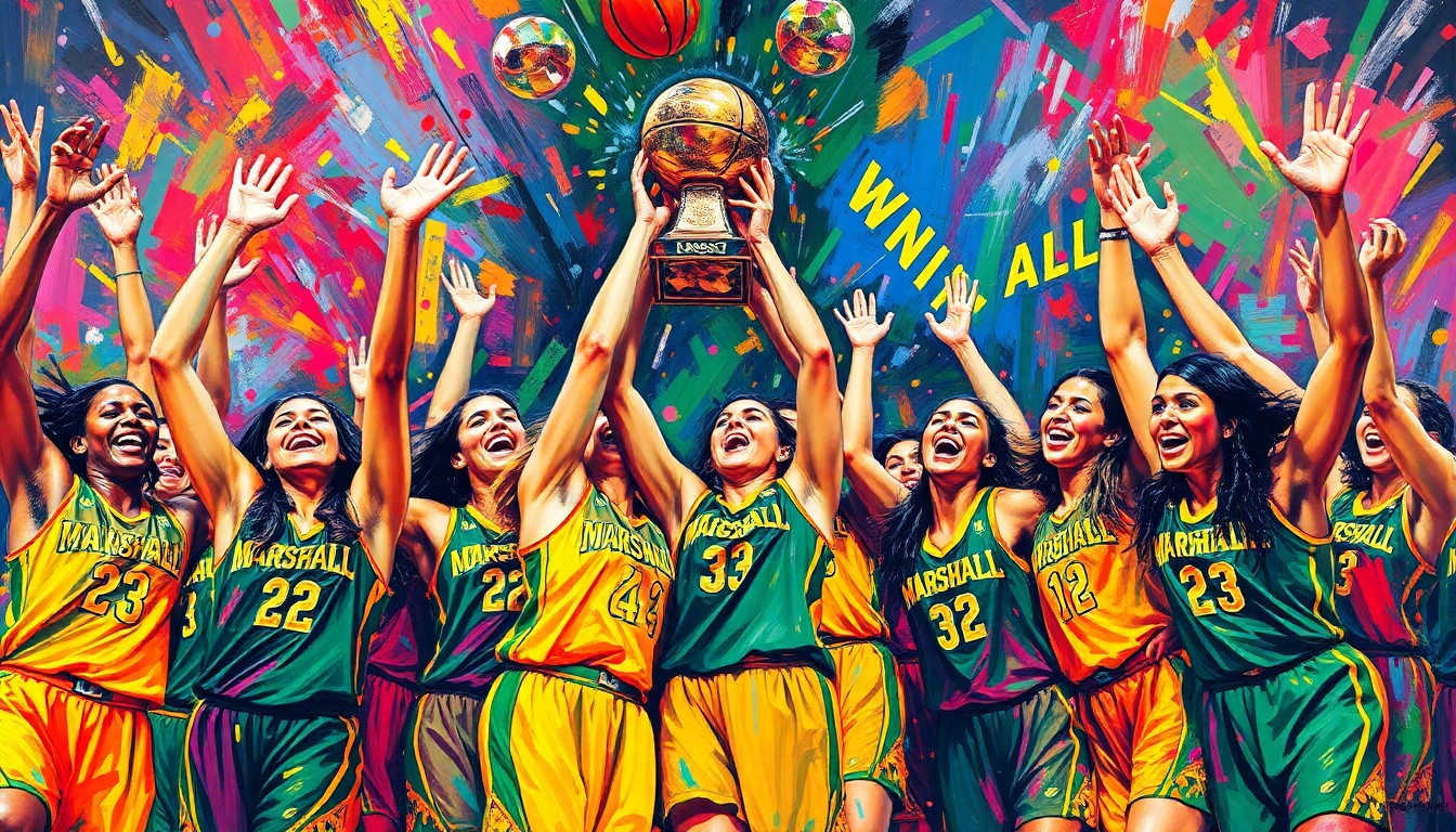 A dynamic, abstract painting featuring bold, sweeping brushstrokes in neon shades of blue, green, and pink, capturing the celebratory energy and triumph of the Marshall University women's basketball team's WNIT championship win.