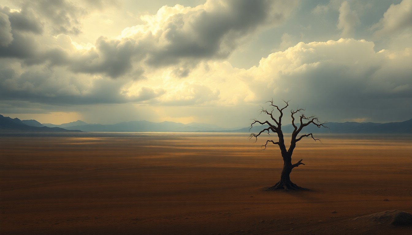 A vast, atmospheric landscape painting depicting a dry, dusty plain under a heavy, ominous sky, with a lone, gnarled tree standing solitary against the elements, conveying the overwhelming scale and power of the natural environment.