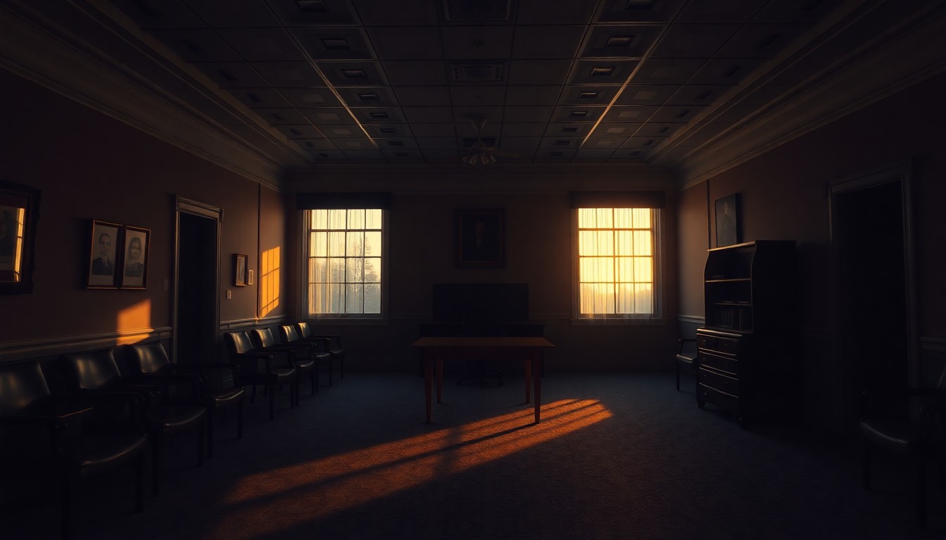 A dimly lit, empty congressional office space with warm, golden light streaming through the windows and deep shadows, conveying a sense of solitude and unease.