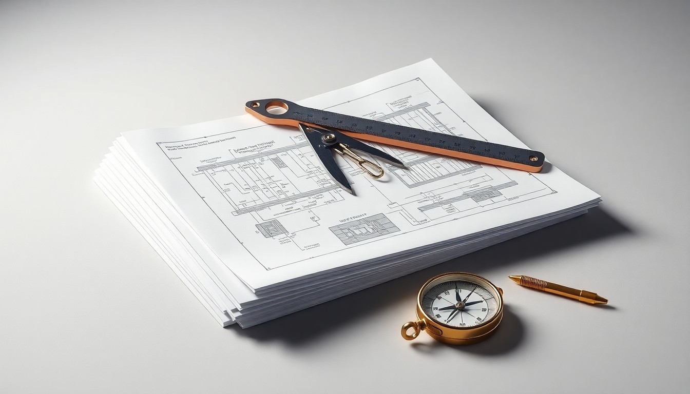 A minimalist studio still life photograph featuring a stack of engineering blueprints, a sleek metal protractor, and a polished brass compass, arranged elegantly on a clean, monochromatic background to symbolize the strategic and financial oversight of Exponent's leadership transition.