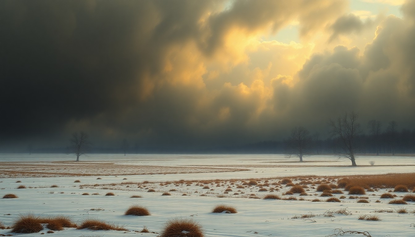 A vast, atmospheric landscape painting in muted tones of gray, blue, and brown, depicting a frozen, desolate field under a heavy, cloudy sky. The scene conveys a sense of the overwhelming, sublime scale of nature, with the barren trees and frozen ground dwarfed by the oppressive, ominous atmosphere.