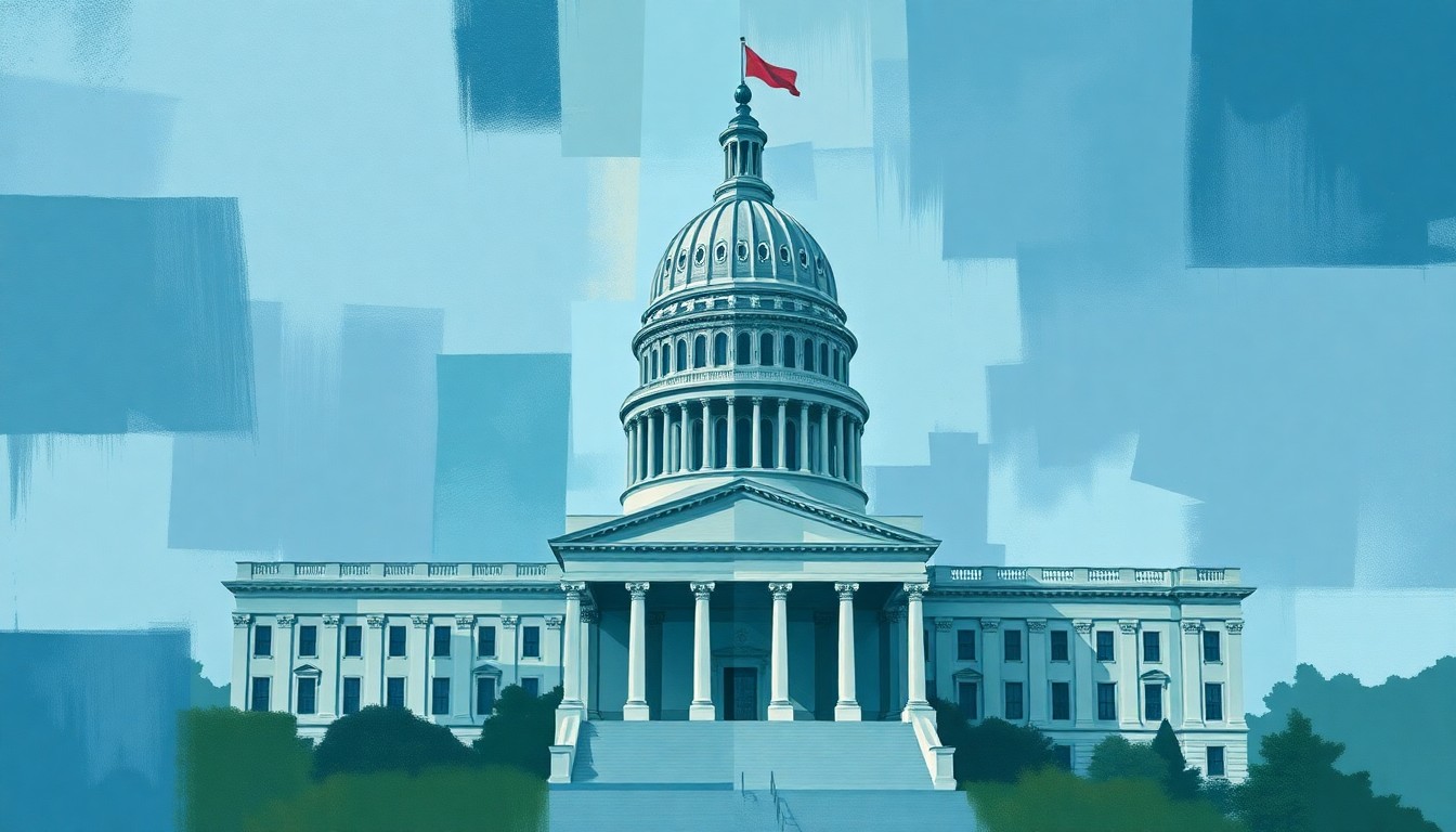 A dynamic, abstract painting in shades of blue, grey, and green, with overlapping geometric shapes and lines suggesting the New York State Capitol building in a state of motion, conceptually representing the chaotic budget negotiations in Albany.