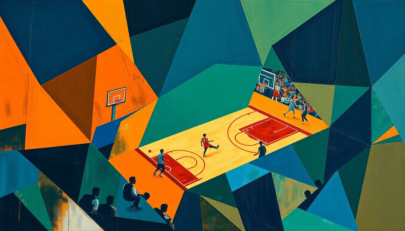 A cubist, geometric painting depicting a basketball game broken down into overlapping planes of navy blue, forest green, and burnt orange, creating a fractured, multi-perspective visual representation of the action on the court.