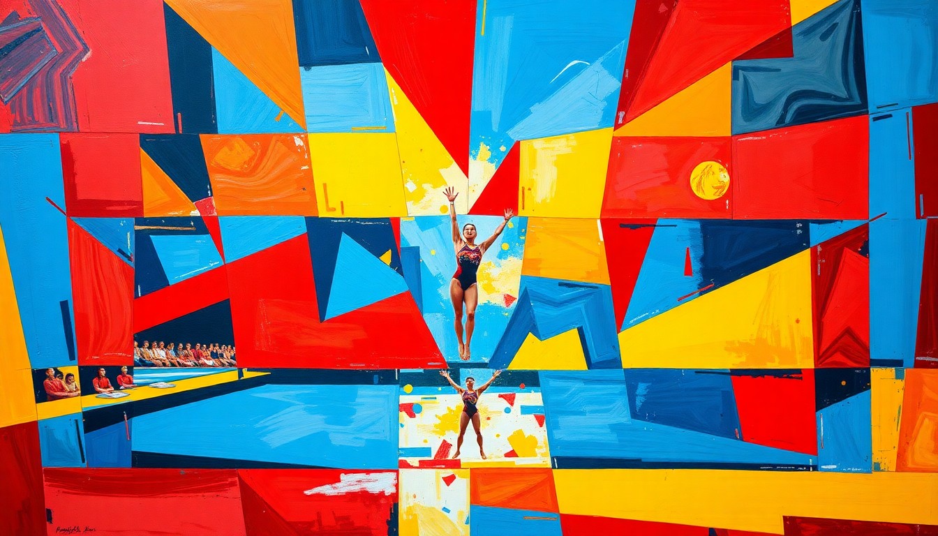 A fractured, cubist-style painting depicting a women's gymnastics competition, with sharp, overlapping geometric shapes in vibrant colors representing the dynamic movements and competitive energy of the sport.