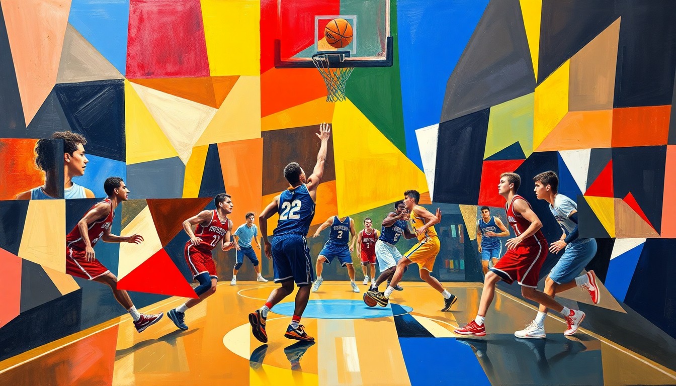 A fragmented, geometric painting in bold primary colors representing the dynamic energy of a high school basketball game, with players' forms broken down into abstract shapes and planes.