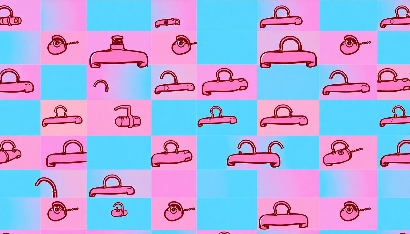 A high-contrast, silkscreen-style illustration featuring a repeating pattern of a single, iconic kitchen faucet in vibrant neon colors, conceptually representing the trend of mixing metal finishes in home design.