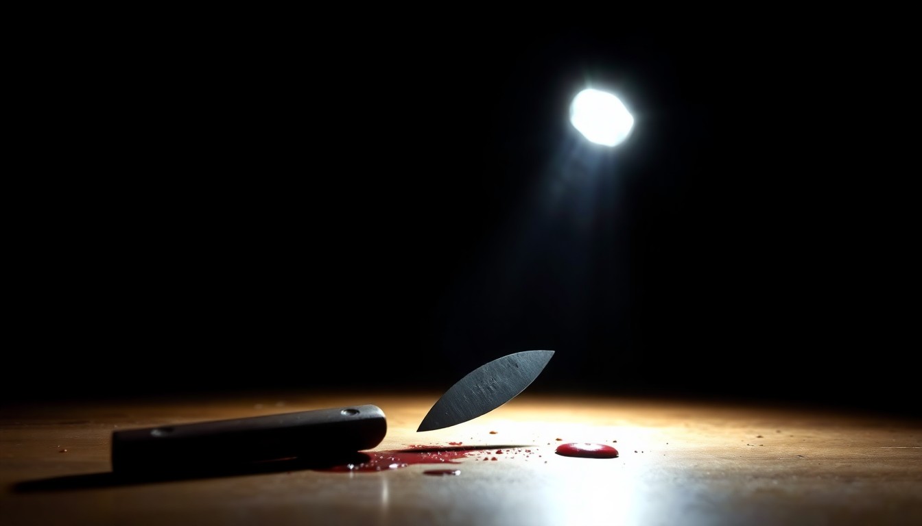 An extreme close-up photograph of a bloodied knife blade, lit by a harsh camera flash against a pitch-black background, conceptually representing the violent crime at the center of this investigation.