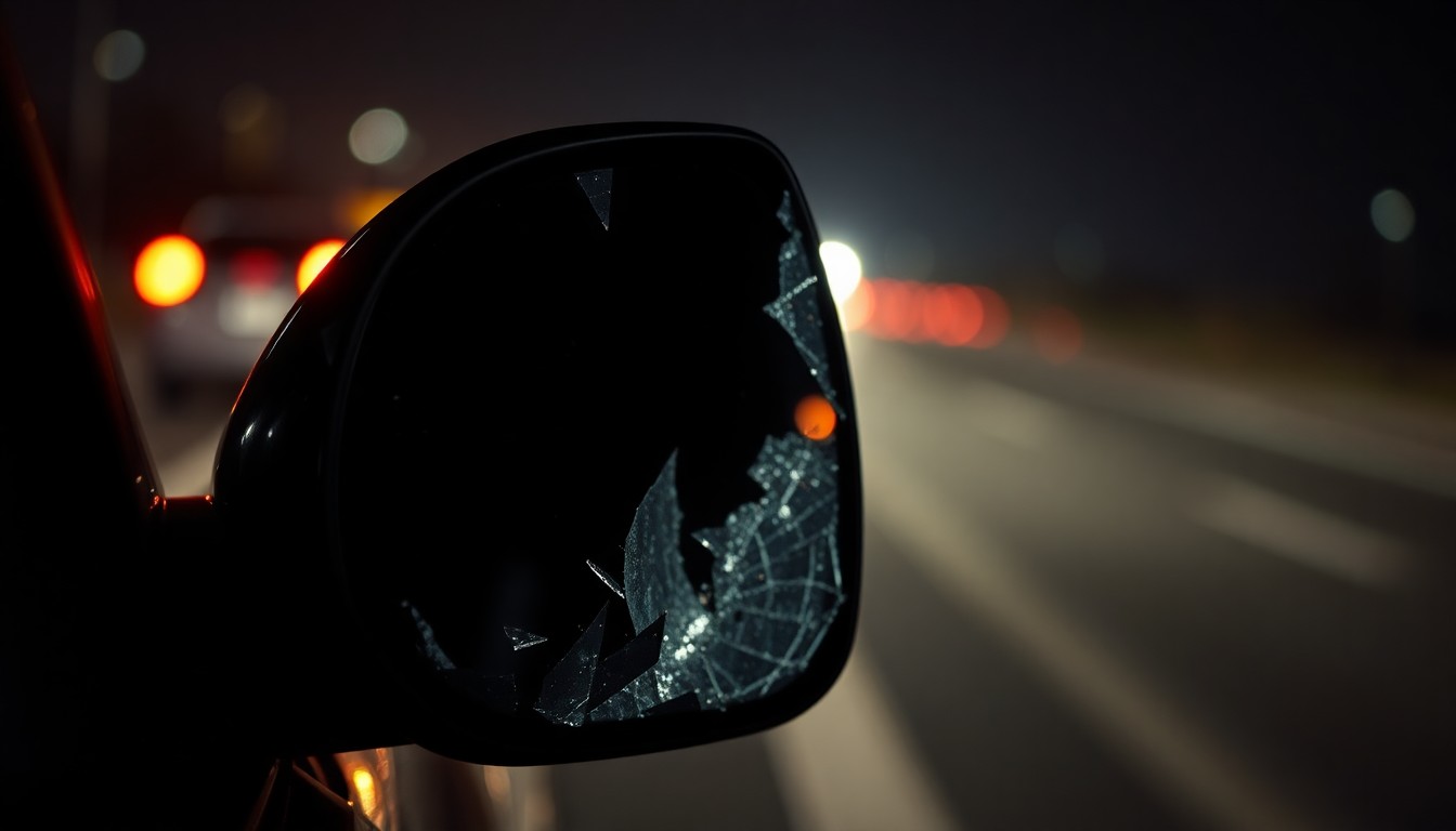 An extreme close-up photograph of a shattered car side mirror reflecting the faint glow of taillights, conceptually illustrating the devastating impact of a fatal pedestrian crash on a highway.