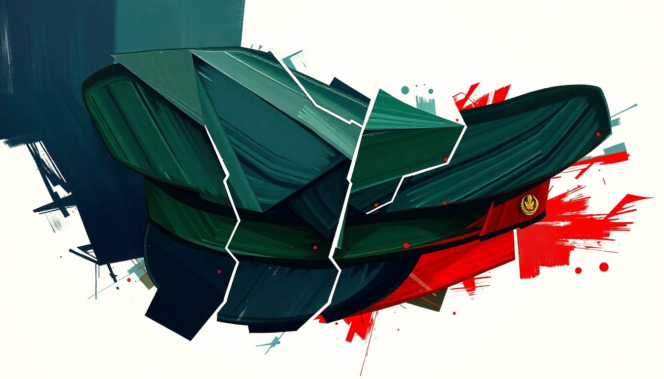 A dynamic, fragmented painting featuring overlapping geometric shapes in navy, green, and red, conceptually representing the disruption and ideological shift in military education.