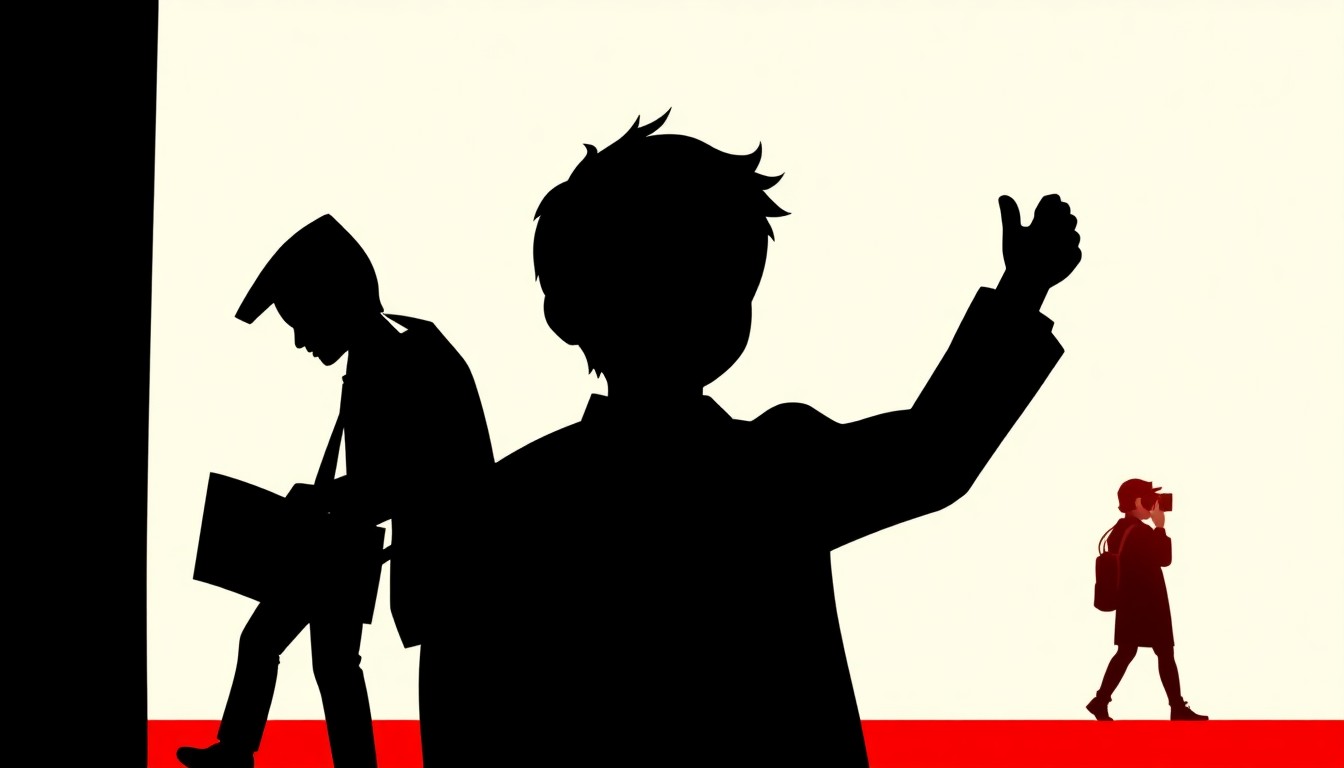 An abstract, minimalist composition featuring bold, jagged geometric shapes in high-contrast red and black, conceptually representing a child actor's choice to pursue academia over a Hollywood comeback.