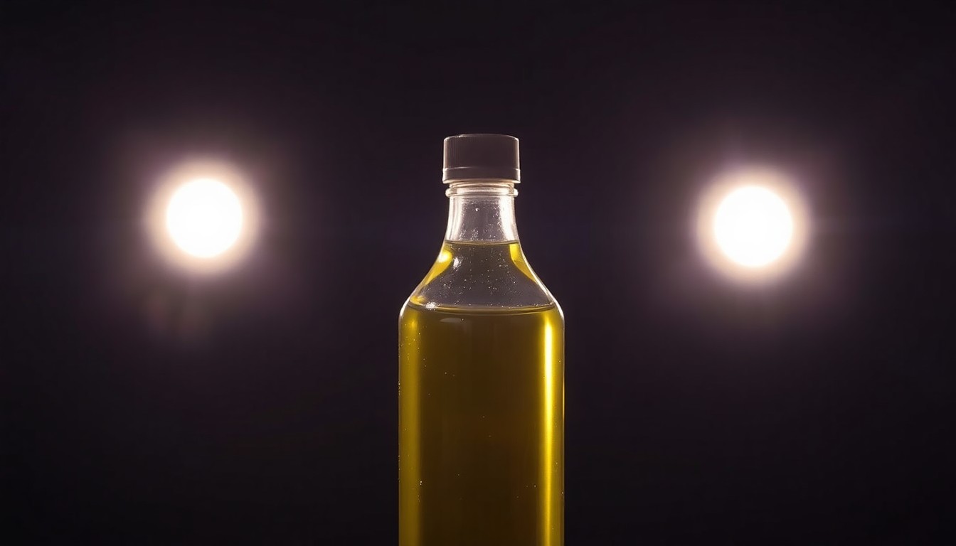 An extreme close-up of a massage oil bottle reflecting a bright flash of light, conceptually illustrating the harsh realities of a sexual assault case involving a massage therapist.