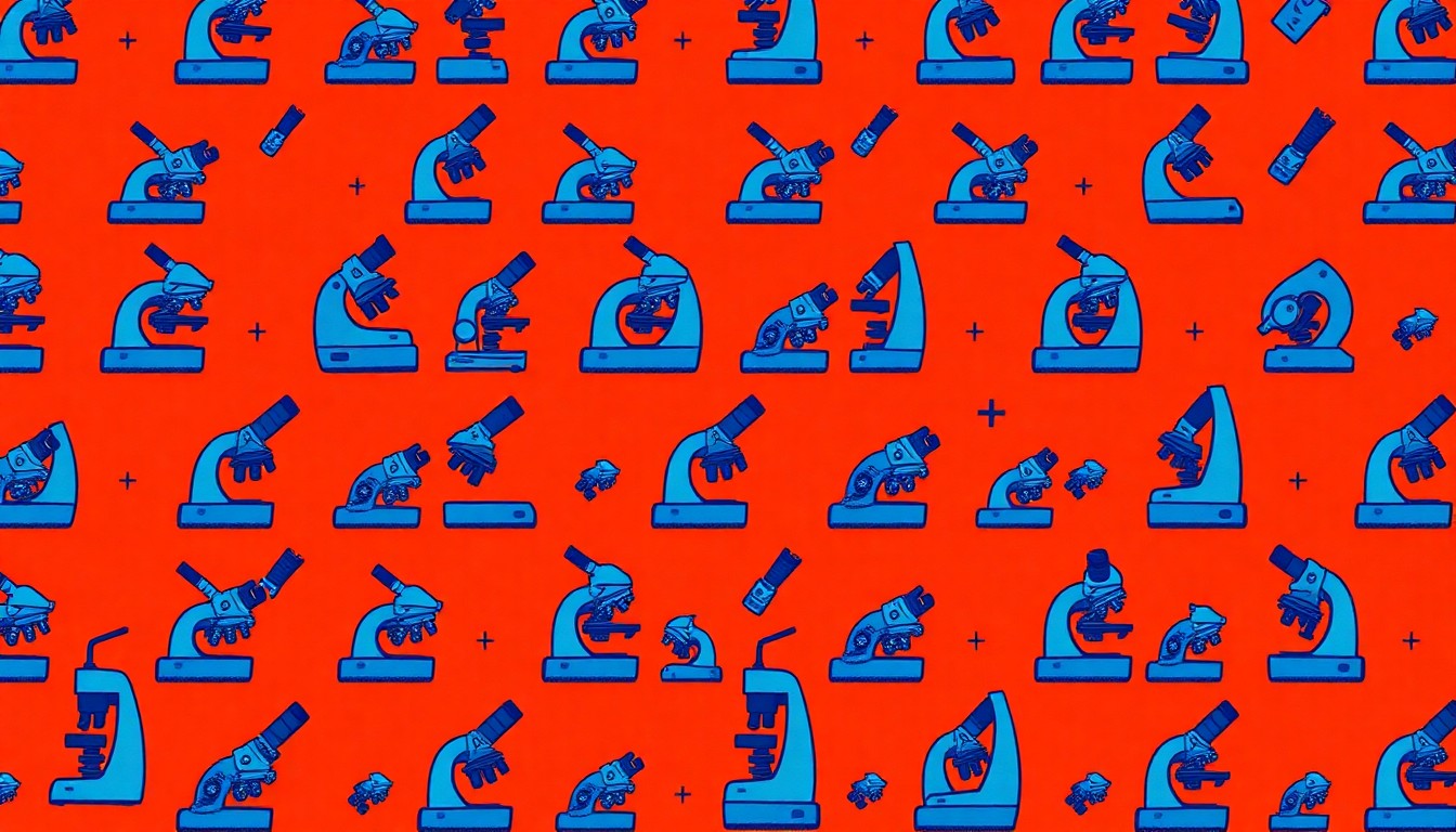 A bold, colorful silkscreen print featuring a repeated image of a microscope, conceptually representing the recognition of excellence in science teaching.