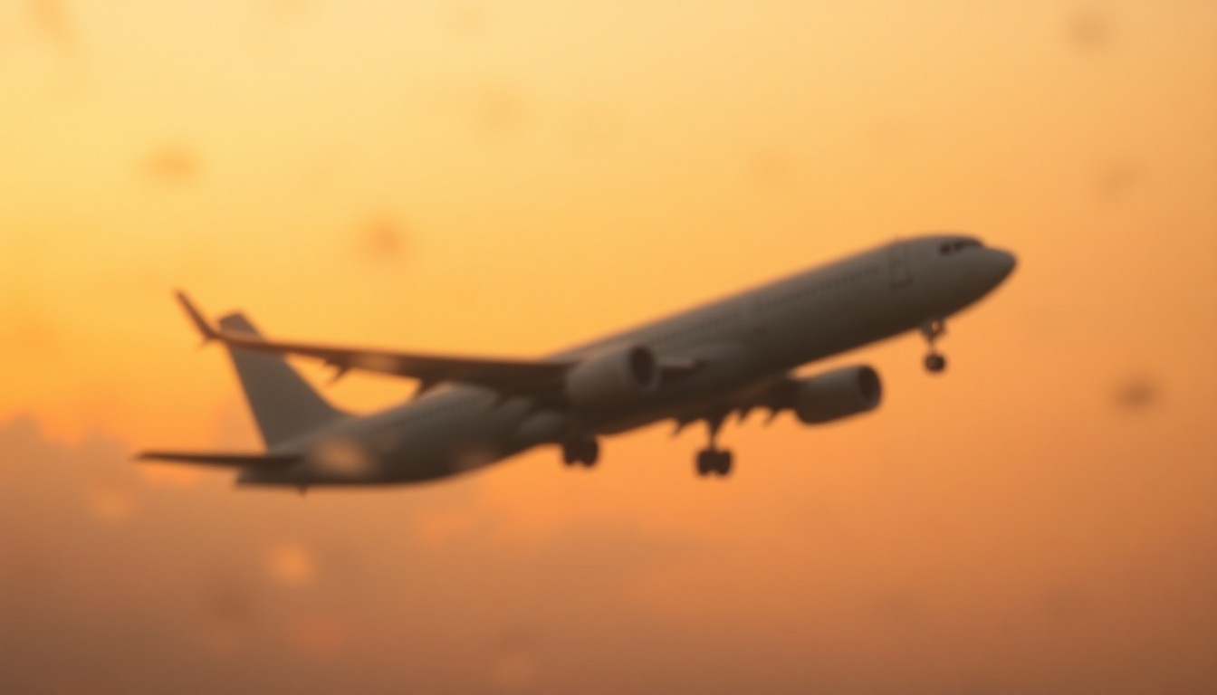An abstract, impressionistic photograph of a commercial airplane in flight, its form barely visible through a hazy, out-of-focus wash of warm, diffused light, conveying a sense of tranquility and wonder.