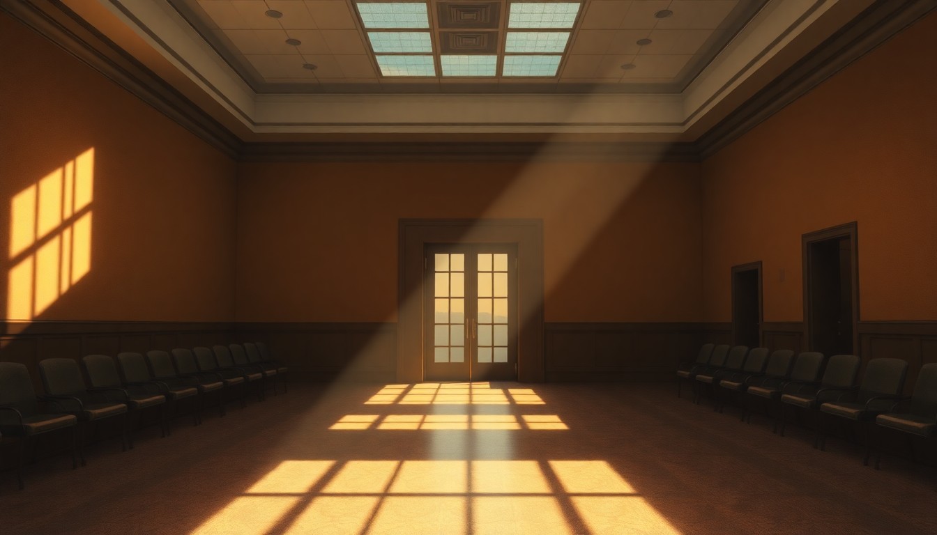 A serene, photorealistic painting of an empty government office or courthouse interior, with warm sunlight streaming through the windows and deep shadows across the floor and furniture, conveying a sense of quiet contemplation over the political tensions at play.