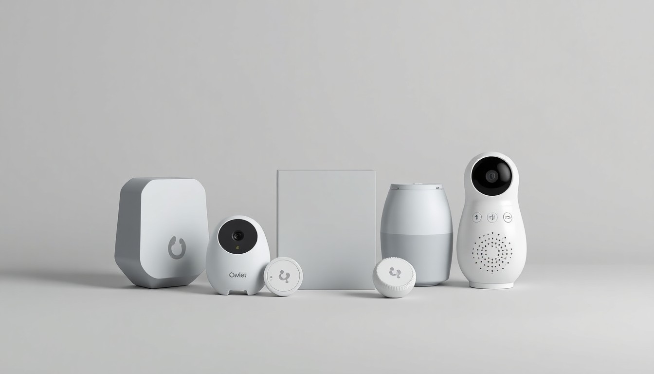A high-end, photorealistic studio still-life featuring a collection of premium, geometric baby monitoring devices in muted tones, symbolizing Owlet's focus on infant health and safety.