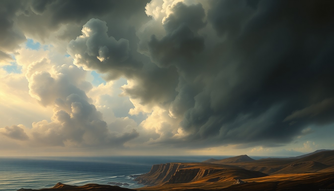 A sweeping, atmospheric landscape painting depicting a dramatic, stormy sky over a rugged coastal terrain, with the physical landscape dwarfed by the overwhelming power of nature.