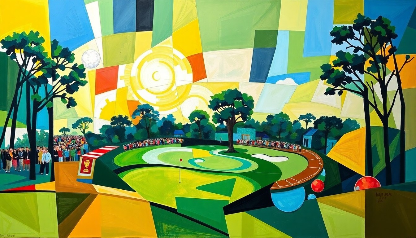 A fragmented, geometric painting in shades of green, blue, and gold, conceptually representing the Masters golf tournament through Picasso's cubist style.
