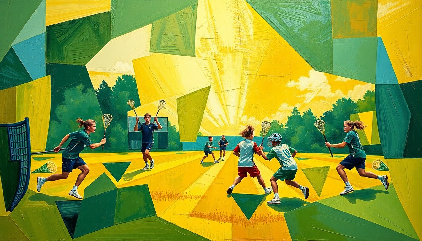A dynamic, cubist-style painting depicting the action and energy of a high school lacrosse game, with the players and field broken down into overlapping geometric shapes and planes of color, conveying the spirit of the memorial event.